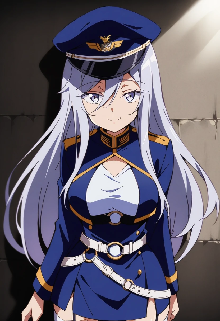 anime art style, 2d, masterpiece, best quality, very aesthetic, absurdres, dynamic shadows, atmosferic, vladilena_millize, (1girl), ((silver hair)), long hair, (silver eyes), narrowed eyes, detailed eyes, ahoge, hair between eyes, bangs, medium breasts, smile, military, military uniform, ((uniform cutout)), cropped jacket, peaked cap, blue headwear, blue jacket, white shirt, blue miniskirt, high-waist skirt, black garter straps, white thighhighs, o-ring belt, white belt, ((cowboy shot)), standing, ((from front)), bunker, walls, cell-lights, looking at viewer