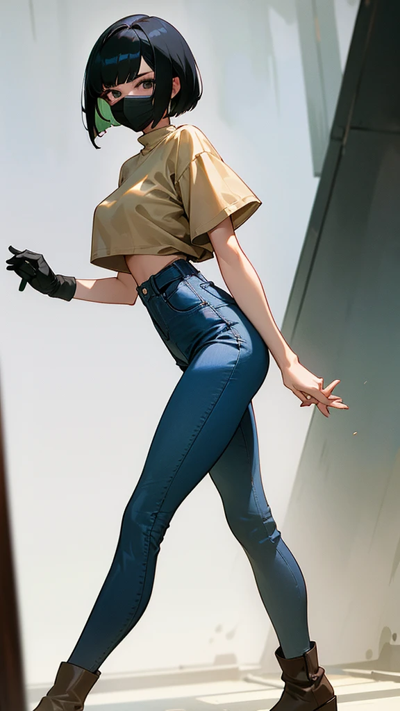 a large angle photography of a woman with slick bob haircut with black hair, wearing a blue surgical mask, a beige cropped t shirt, a high waist faded green linen jeans,a pair of black leather knee high boots, walking in algiers