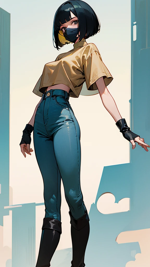  a large angle photography of a woman with slick bob haircut with black hair, wearing a blue surgical mask, a beige cropped t shirt, a high waist faded green linen jeans,a pair of black leather knee high boots, walking in algiers