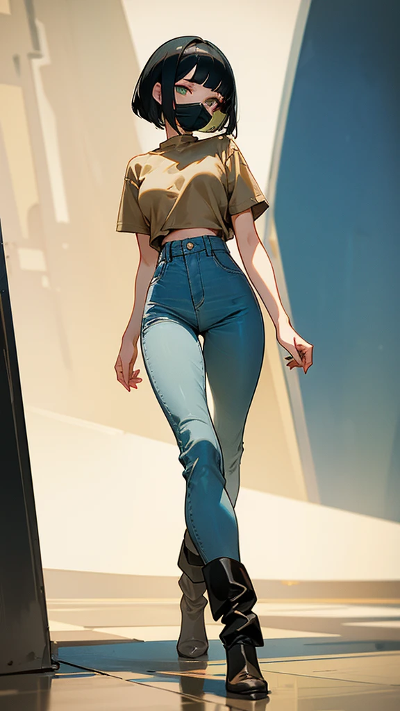 a large angle photography of a woman with slick bob haircut with black hair, wearing a blue surgical mask, a beige cropped t shirt, a high waist faded green linen jeans,a pair of black leather knee high boots, walking in algiers