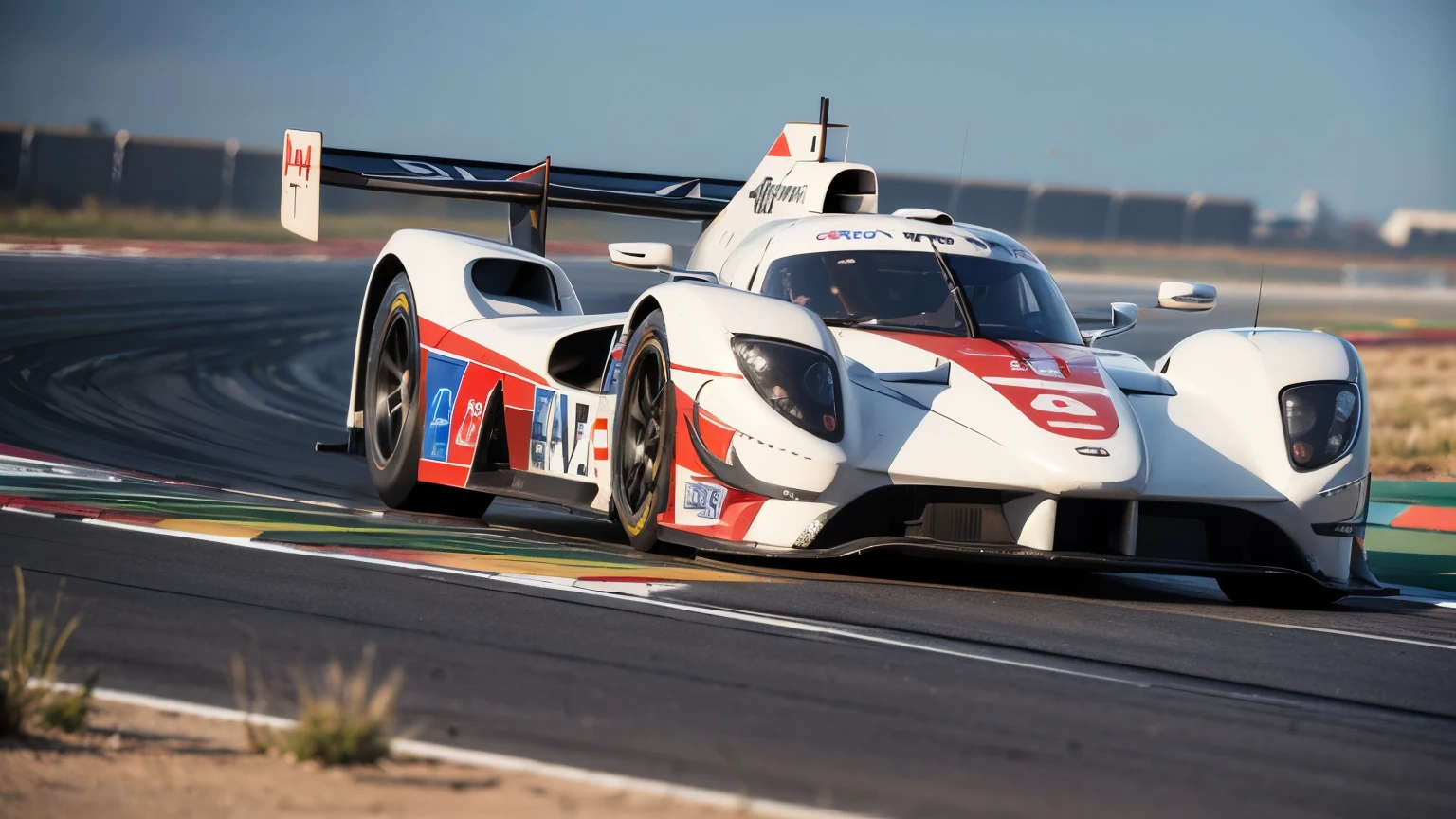 Le Mans LMP prototype with design inspired by fighter planes racing at 300 km/h on a desert road