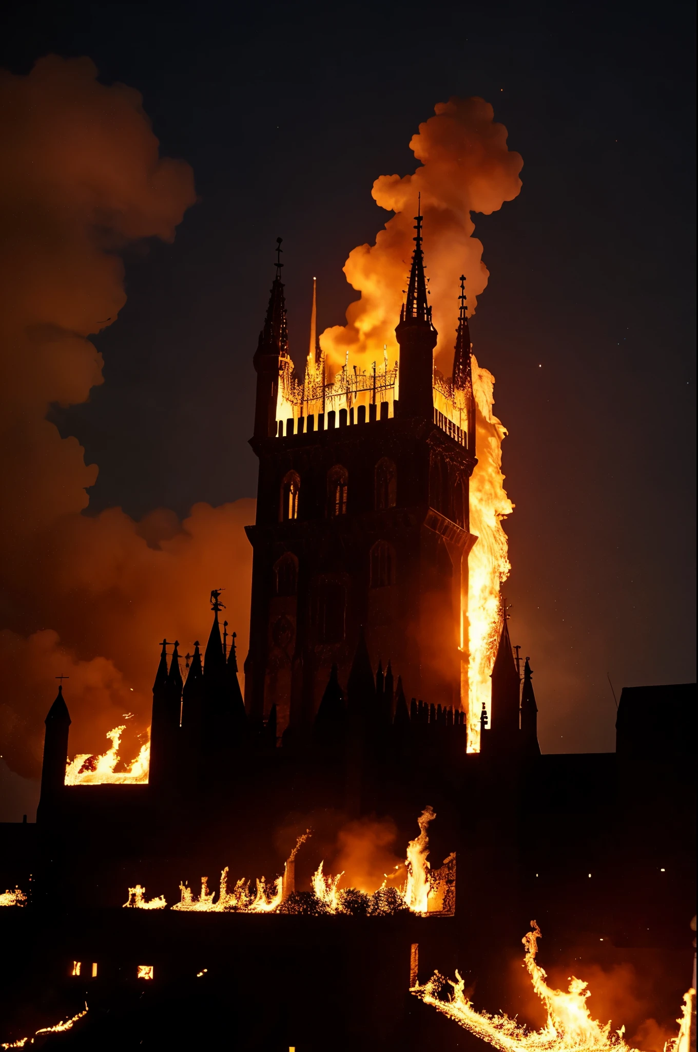 A towering tower,Medieval black tower surrounded by flames