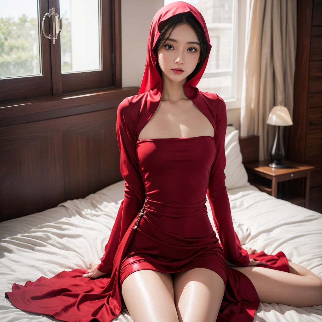 best quality, masterpiece, realistic, luminate, beautiful muslim hijab, twirling hijab, fully covered robe, red hijab, blue eyes, Front, detailed face, beautiful eyes, close up shot, lower body, dark red dress, tight dress, super shiny dress, ao dai dress, volumetric lighting, perfect slim fit body, moist skin, in a room and sitting on bed, window light, Show thighs,