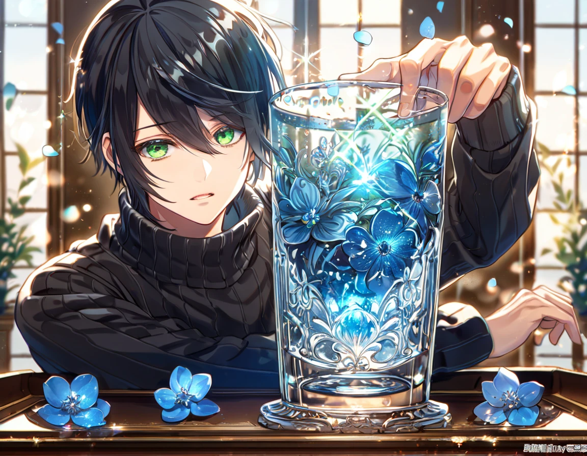 absurdres, highres, ultra detailed, HDR, master piece, best quality, extremely detailed, Rokujou Miharu, black hair, expressive green eyes, Nabari No Ou, solo, man, handsome, black sweater, magical, fantasy, glittering, sparkling, glass, blue flowers, blue petals, water, blue moon