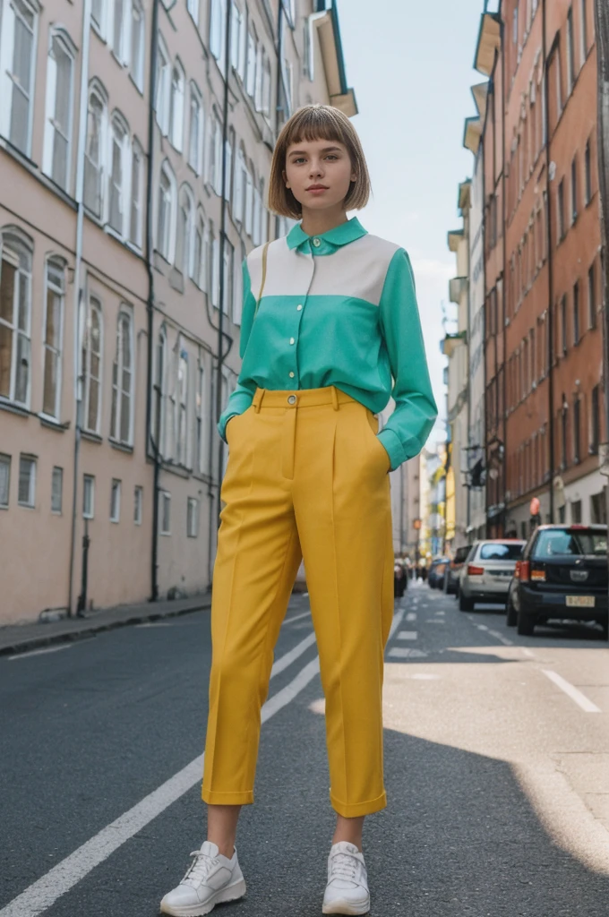 her name is Annie, high quality, 1girl, ((20-year-old fit Caucasian woman)), ((20 years old)), ((fit)), ((wolf cut hair)), pose: standing, wearing bright colored unique gen Z modern wear, BACKGROUND: Grew up in the scenic city of Stockholm, where the archipelago meets sophisticated urban design and rich history.