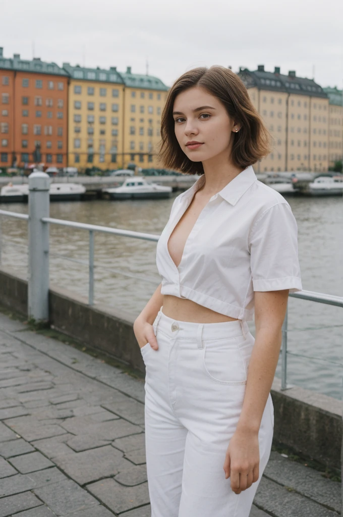 her name is Annie, high quality, 1girl, ((20-year-old fit Caucasian woman)), ((20 years old)), ((fit)), ((wolf cut hair)), pose: standing, wearing bright colored unique gen Z modern wear, BACKGROUND: Grew up in the scenic city of Stockholm, where the archipelago meets sophisticated urban design and rich history.