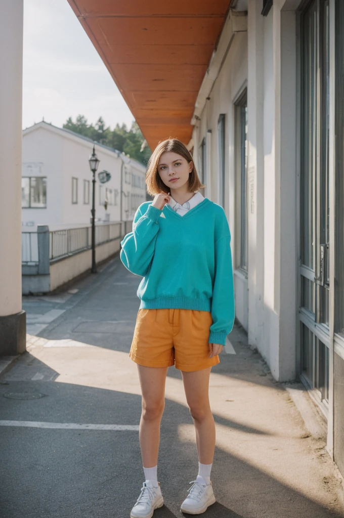 her name is Annie, high quality, 1girl, ((20-year-old fit Caucasian woman)), ((20 years old)), ((fit)), ((wolf cut hair)), pose: standing, wearing bright colored unique gen Z modern wear, BACKGROUND: Grew up in the scenic city of Stockholm, where the archipelago meets sophisticated urban design and rich history.