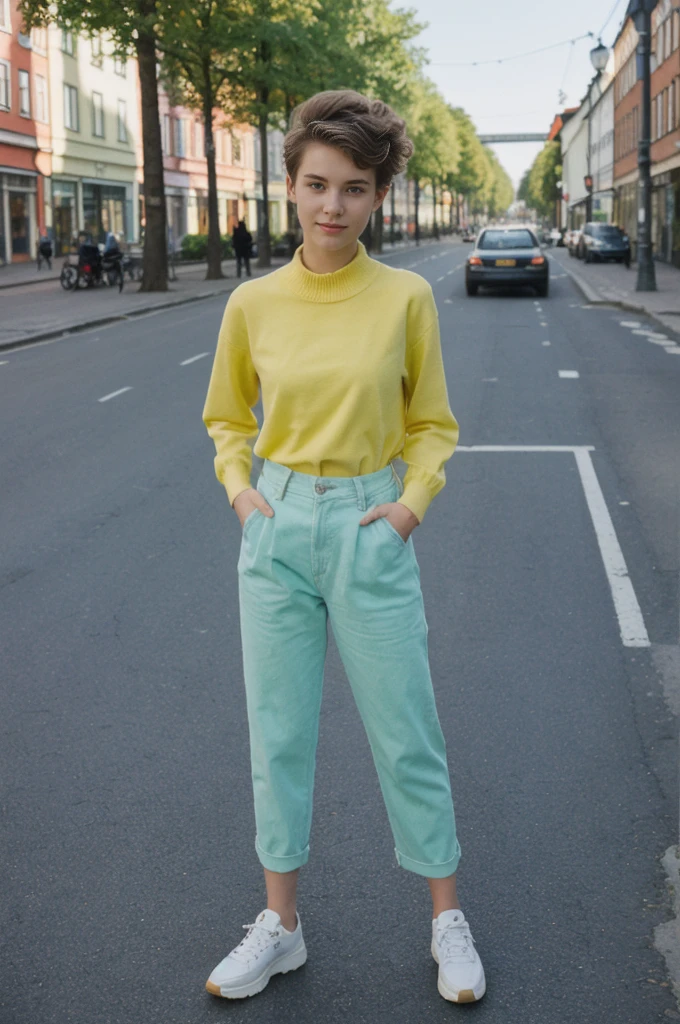 her name is Annie, high quality, 1girl, ((20-year-old fit Caucasian woman)), ((20 years old)), ((fit)), ((wolf cut hair)), pose: standing, wearing bright colored unique gen Z modern wear, BACKGROUND: Grew up in the scenic city of Stockholm, where the archipelago meets sophisticated urban design and rich history.