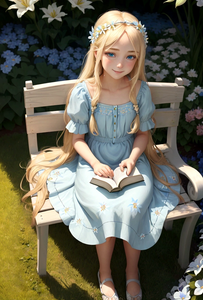 A beautiful blond girl with very long hair named Lily sits on a garden bench, reading a book. Her sparkling blue eyes reflect the joy of discovering new stories. She wears a light blue dress adorned with small flowers. The sun is shining, and the garden is in full bloom with colorful flowers and lush green grass.
