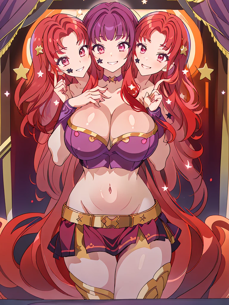 (masterpiece, best quality), best resolution, (3heads:1.5), 1girl, red hair, redhead, long flowing hair, star decoration on hair, smiling, seductive smile, smirk, open belly, dark purple crop top, dark purple miniskirt, open breasts, very huge tits, sexy pose, alluring presence, crimson eyes,
