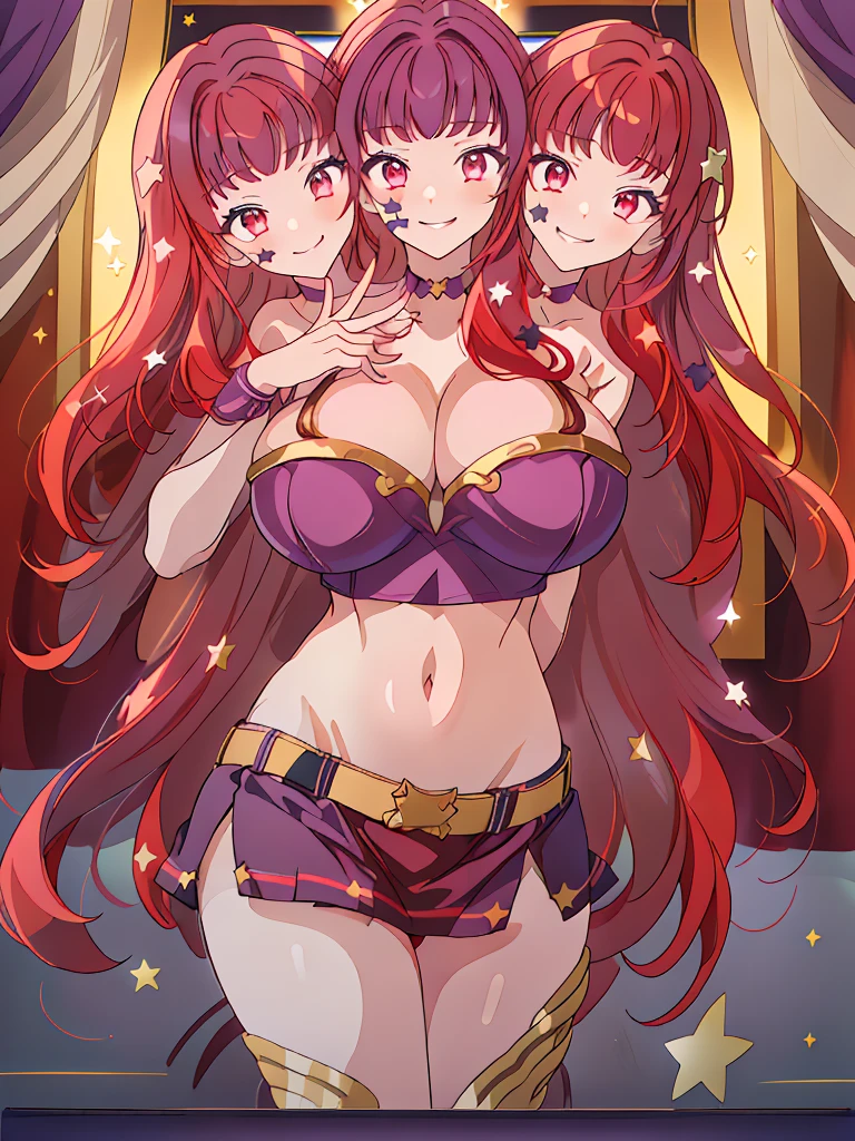 (masterpiece, best quality), best resolution, (3heads:1.5), 1girl, red hair, redhead, long flowing hair, star decoration on hair, smiling, seductive smile, smirk, open belly, dark purple crop top, dark purple miniskirt, open breasts, very huge tits, sexy pose, alluring presence, crimson eyes,