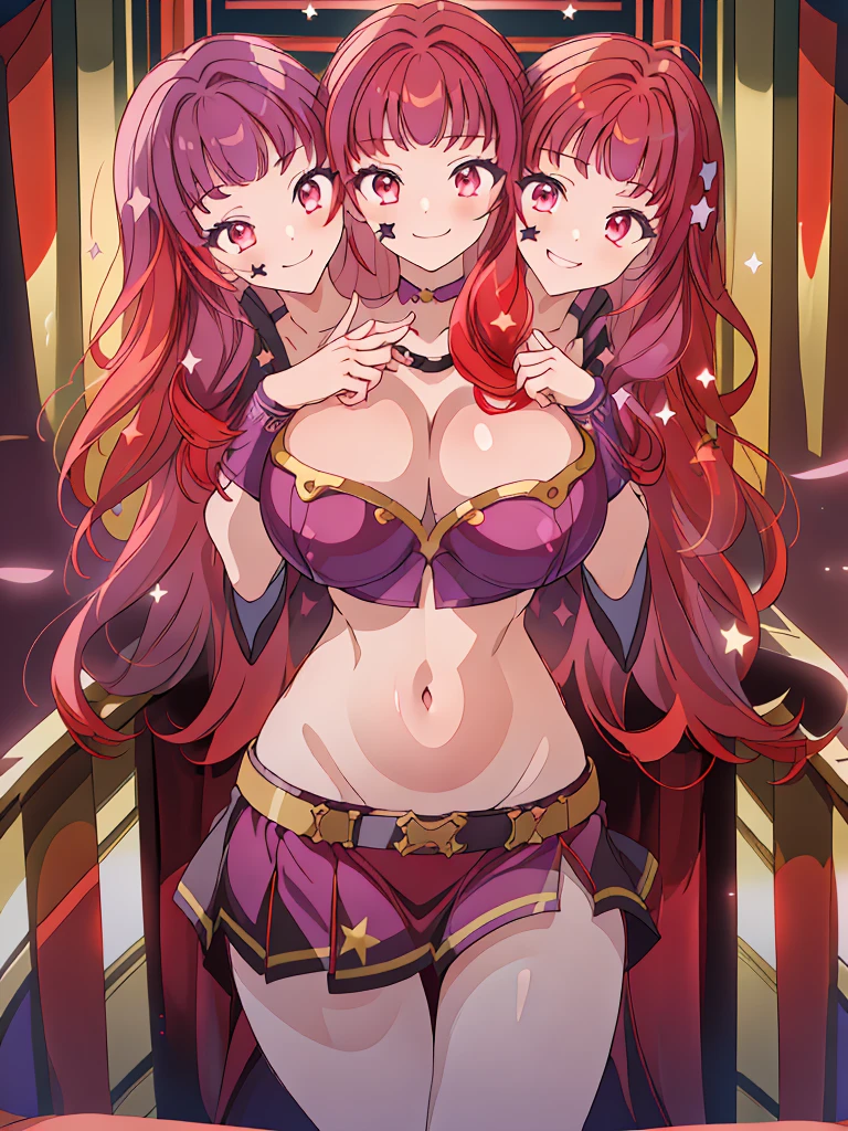 (masterpiece, best quality), best resolution, (3heads:1.5), 1girl, red hair, redhead, long flowing hair, star decoration on hair, smiling, seductive smile, smirk, open belly, dark purple crop top, dark purple miniskirt, open breasts, very huge tits, sexy pose, alluring presence, crimson eyes,