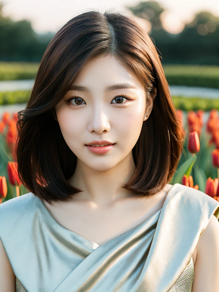 Kwon Eun-bi is a young Korean woman in her 26s. She hair is chanel-cut in a coppery red  colors. 
She face is slightly shorter than it is long, which carry a warm , expressive face. Her skin is radiant and clear, presenting an impeccable state of health and her curved lips. 
Large, brown eyes are expressive and captivating. 
She height is medium, her natural body and defined made up of proportional curves. with the most charming and provocative. It matches their personalities. 
She wears a simple silver dress, in the background in a tulip garden at dusk the moonlight weaves under her. 

