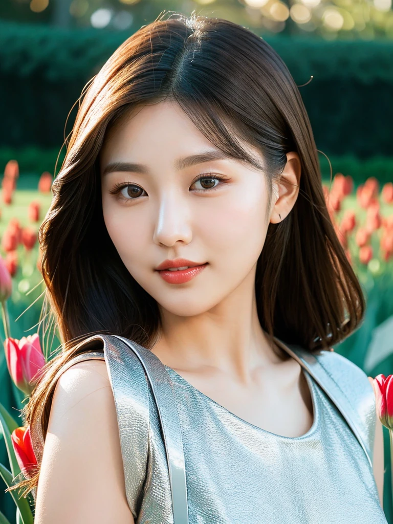 Kwon Eun-bi is a young Korean woman in her 26s. She hair is chanel-cut in a coppery red colors.
She face is slightly shorter than it is long, which carry a warm , expressive face. Her skin is radiant and clear, presenting an impeccable state of health and her curved lips.
Large, brown eyes are expressive and captivating.
She height is medium, her natural body and defined made up of proportional curves. with the most charming and provocative. It matches their personalities.
She wears a simple silver dress, in the background in a tulip garden at dusk the moonlight weaves under her.