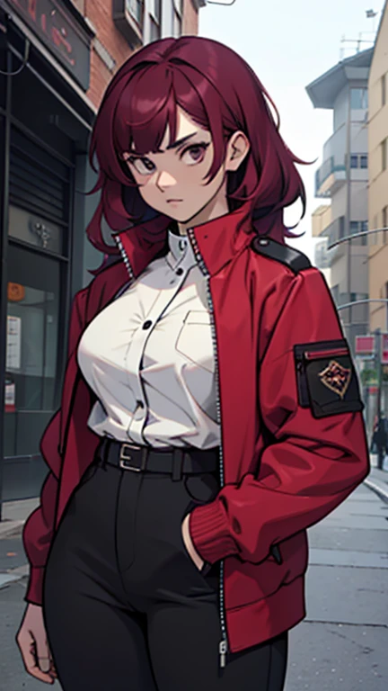 masterpiece, best quality, general uniform, solo, 1girl, , expressionless, looking at viewer, own hands together, burgundy colored hair, split-color hairstyle, dripjacket, black pants