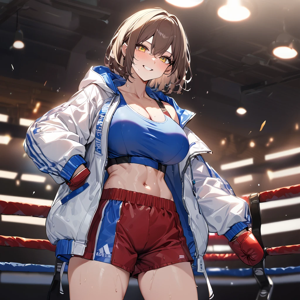 A woman wearing a short blue shirt, sporty abdomen, defined abdomen, exposed shoulder, large breasts, wearing a long white leather jacket with blue details, a hooded jacket, wearing large boxer shorts, red shorts with a white stripe, boxing belt, wearing big red boxer glove, smiling, brown hair, short hair, yellow eyes, in a boxer ring, lighting place, sweaty mess, standing posture,UHD , prime work , accurate , anatomically correct , textured skin , super details , high quality , best quality, 8k, high resolution, bokeh effect. (woman alone)
