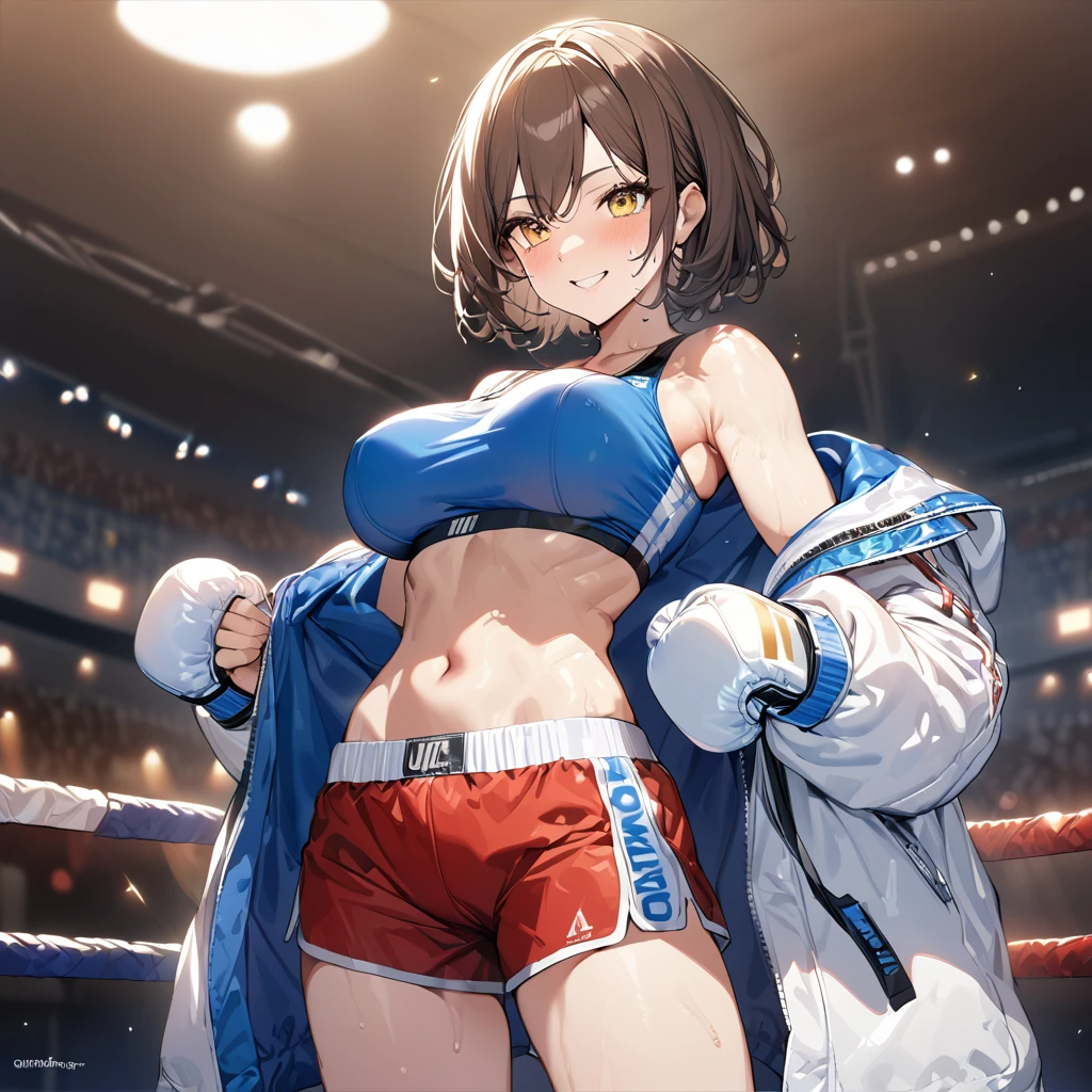 A woman wearing a short blue shirt, sporty abdomen, defined abdomen, exposed shoulder, large , wearing a long white leather jacket with blue details, a hooded jacket, wearing large boxer shorts, red shorts with a white stripe, boxing belt, wearing big red boxer glove, smiling, brown hair, short hair, yellow eyes, in a boxer ring, lighting place, sweaty mess, standing posture,UHD , prime work , accurate , anatomically correct , textured skin , super details , high quality , best quality, 8k, high resolution, bokeh effect. (woman alone)