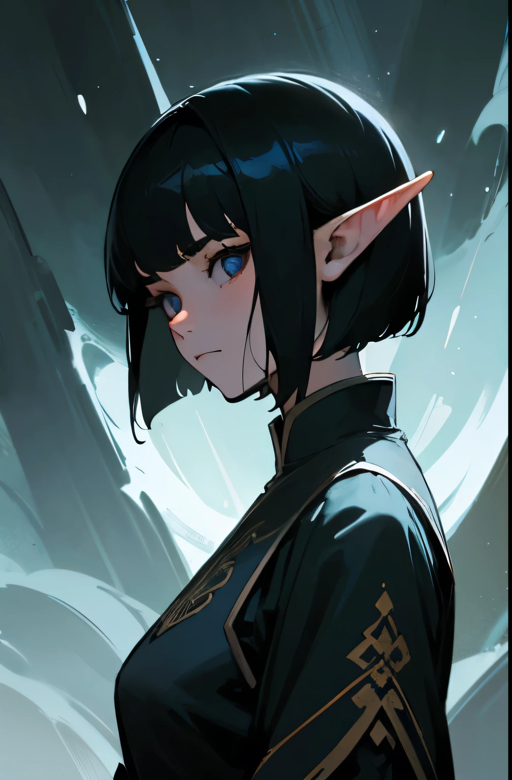 Best quality,high detail,masterpiece,1 woman,black short hair,black eye,Elf,Han bok,expressionless,death, glowing eye,comic book
