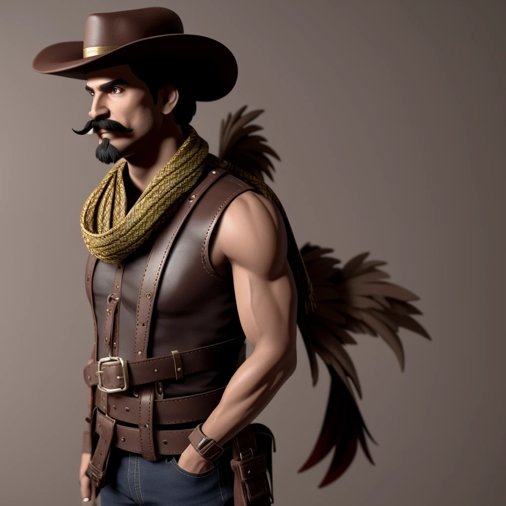 3d fantasy character render of a lone 6 foot tall dusty and dirty brownish-red feathered Mexican rooster bandito leader with a red-head and a thick, black, mustache hanging down from his beak wearing only a woven mexican scarf around his neck and hat hanging behind him by a string around his neck and an old-timey, Mexican bandit gear thick, worn, brown leather bullet straps crossed over his chest and a holster belt around his wAIST of the same style,  , illustration of a rooster, illustration of a mean mexican rooster, epic, exquisite character art, fantasy rooster concept portrait, baroque digital photograph, awarded on cgsociety, highly detailed cgsociety, , degraded and grainy sepia tone