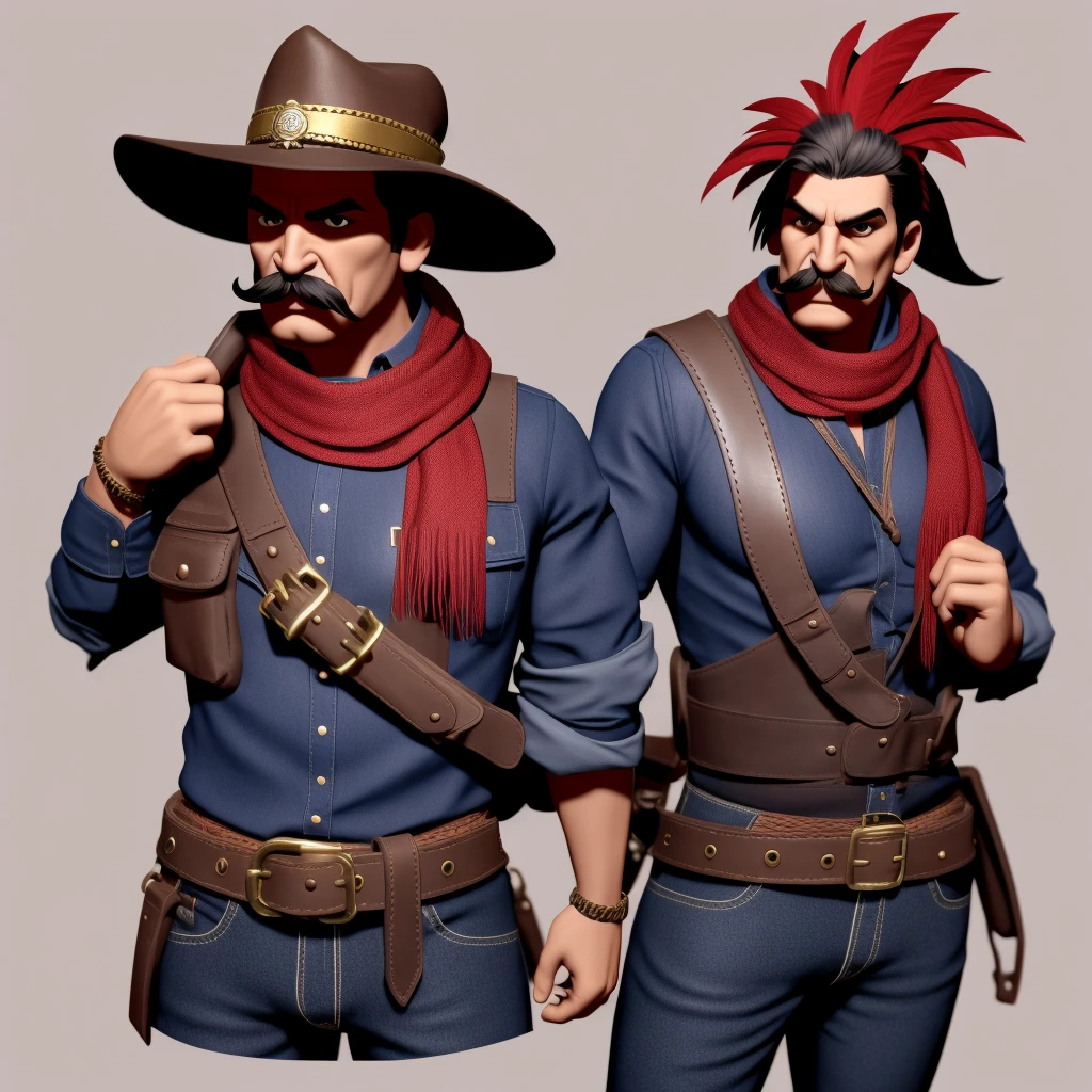 3d fantasy character render of a lone 6 foot tall dusty and dirty brownish-red feathered Mexican rooster bandito leader with a red-head and a thick, black, mustache hanging down from his beak wearing only a woven mexican scarf around his neck and hat hanging behind him by a string around his neck and an old-timey, Mexican bandit gear thick, worn, brown leather bullet straps crossed over his chest and a holster belt around his wAIST of the same style, , illustration of a rooster, illustration of a mean mexican rooster, epic, exquisite character art, fantasy rooster concept portrait, baroque digital photograph, awarded on cgsociety, highly detailed cgsociety, , degraded and grainy sepia tone