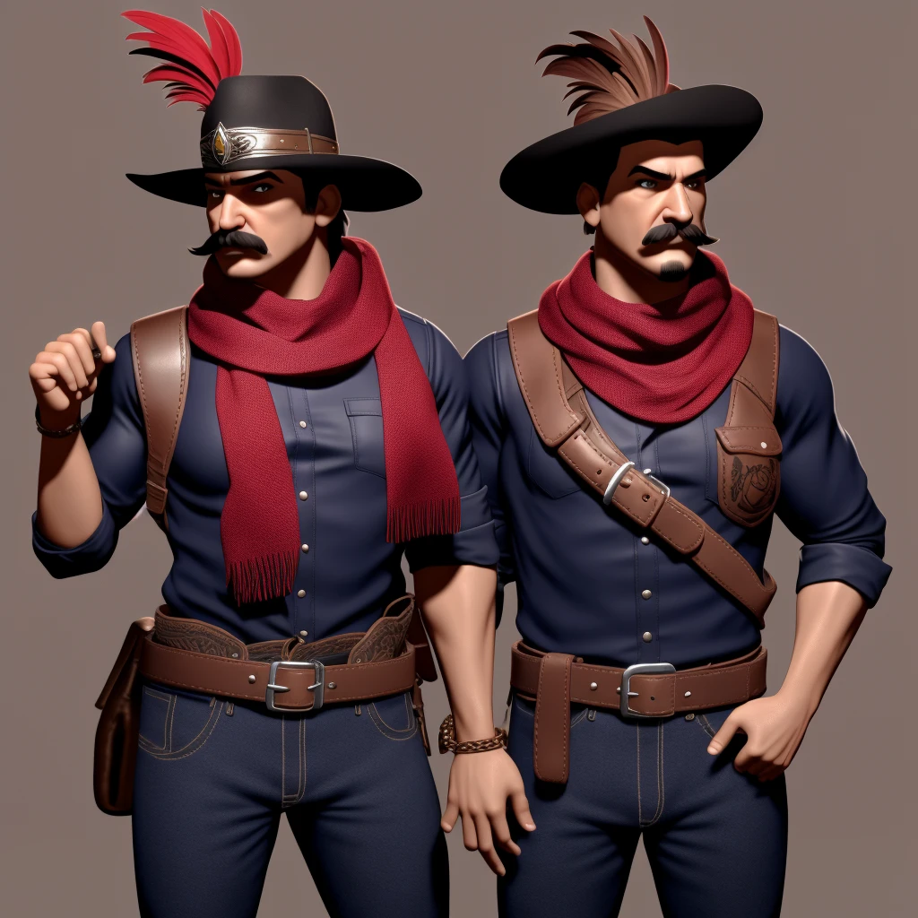 3d fantasy character render of a lone 6 foot tall dusty and dirty brownish-red feathered Mexican rooster bandito leader with a red-head and a thick, black, mustache hanging down from his beak wearing only a woven mexican scarf around his neck and hat hanging behind him by a string around his neck and an old-timey, Mexican bandit gear thick, worn, brown leather bullet straps crossed over his chest and a holster belt around his wAIST of the same style, , illustration of a rooster, illustration of a mean mexican rooster, epic, exquisite character art, fantasy rooster concept portrait, baroque digital photograph, awarded on cgsociety, highly detailed cgsociety, , degraded and grainy sepia tone