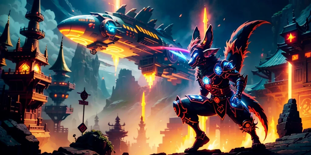 Ancient anime style, artbook, comicbook, RPG, futuristic medieval. Goblin fox warrior, dark red skin, with human face with light red glowing tribal magical tattoos, goblin base with fox features, neon details, with technological tribal armor with glowing magical markings, full body, bare feet, spear with magical markings shiny. Epic scene, wide and deep scenery, with several depth planes, stylish and dynamic pose. In the middle of a magical steampunk technological village, mixing technology and vegetation, buildings with neon details and glowing magical vegetation, magical technological airships with shiny details inspired by ships flying in the sky.
