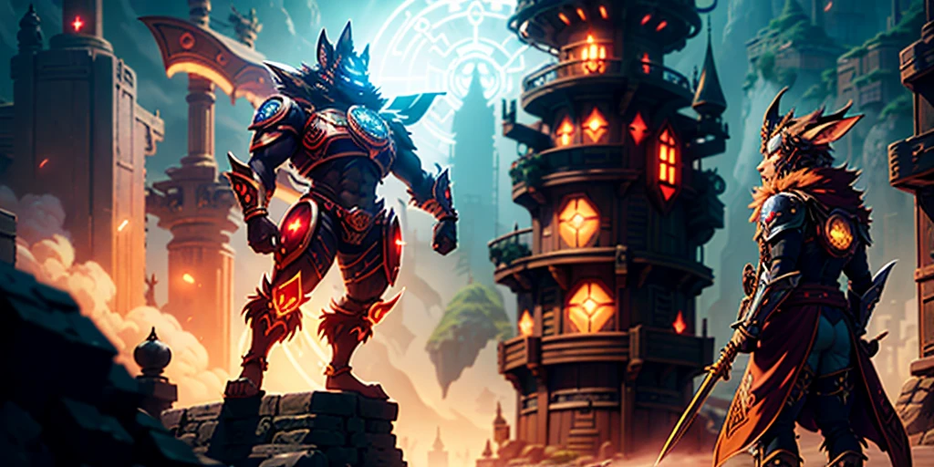 Ancient anime style, artbook, comicbook, RPG, futuristic medieval. Goblin fox warrior, dark red skin, with human face with light red glowing tribal magical tattoos, goblin base with fox features, neon details, with technological tribal armor with glowing magical markings, full body, bare feet, spear with magical markings shiny. Epic scene, wide and deep scenery, with several depth planes, stylish and dynamic pose. In the middle of a magical steampunk technological village, mixing technology and vegetation, buildings with neon details and glowing magical vegetation, magical technological airships with shiny details inspired by ships flying in the sky.