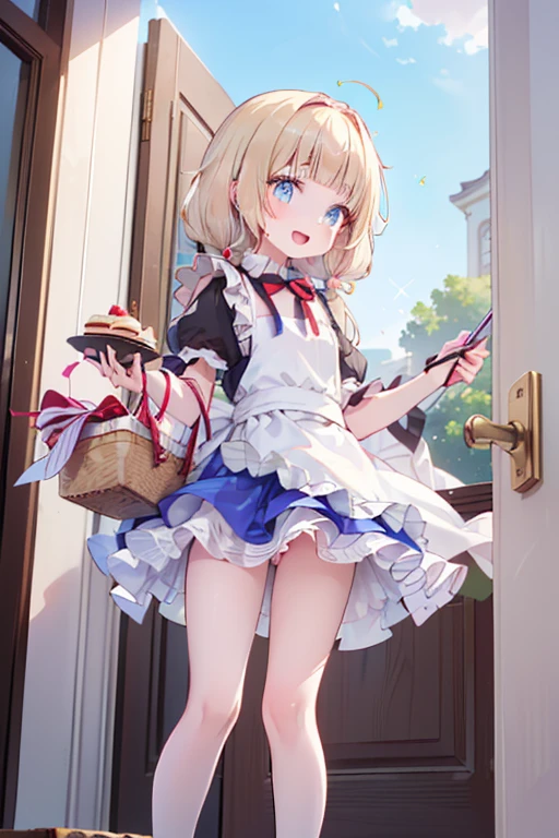 (perky chest:1.2), (pointed chest:1.2),(((Black Tunic:1.3))),(((cakes and bread in the basket),Cute and beautiful girl,Cute round face,Cute smile,with blush cheeks,Red Lip,a girl , nsfw:1.2, beautiful body:1.3), shinny skin, BREAK, ((alice in the wonderland:1.3, cute, kawaii, lovely, funny, a girl falling down from sky:1.3, girl flying in sky:1.4, girl floating in air:1.5, rolling upskirt by w, (with sparkling eyes and a contagious smile),open mouth, Looking at Viewer, surprised, putting hands on crotch over the skirts:1.5)), BREAK, ((floating things as follows:1.3, PlayingCards, Trump, tea cup, tea pot, tea spoons, pocket watch:1.3, lip sticks, candies:1.2, cookies, jam bottles, classical door_keys)), ((long purply_Blue dress :1.5, wearing long flaired skirt:1.3, the skirt is blowing:1.3, cute pink Apron, black stockingedium long platinum-blonde hair:1.2, twin tail hair:1.6, tied hair with a large ribbon), (Blue eyes, bright pupils with highlights, detailed eyes), (lying down on your back:0.7, spreading legs with rising up straight:0.7), sexy posture, fantac colorful art, (fantasy art:1.2, wondered images), ((correct anatomy:1.5, perfect anatomy:1.3, correct hand, small foot:1.2)),