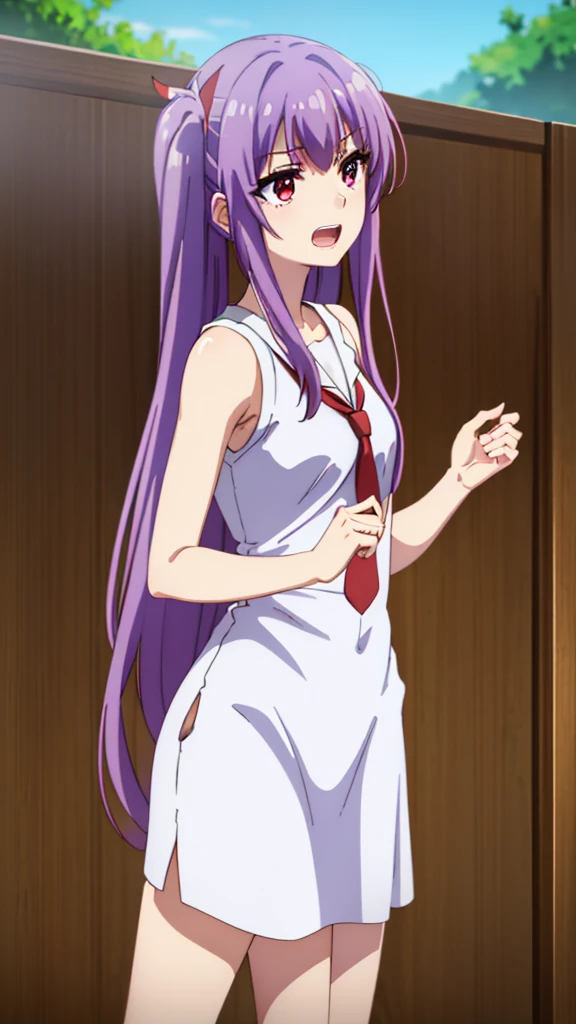 masterpiece, best quality, highres, long hair, red hair, side ponytail, red eyes, blue shirt, shorts, sleeveless, gold armlet, red tie, (white dress), long dress, long hair, purple hair, sleeveless, silver headdress, blue eyes, happy, open mouth, cowboy shot, Forrest