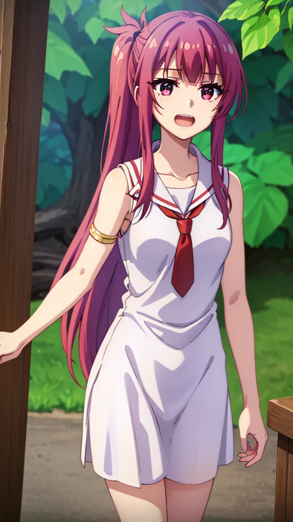 masterpiece, best quality, highres, long hair, red hair, side ponytail, red eyes, blue shirt, shorts, sleeveless, gold armlet, red tie, (white dress), long dress, long hair, purple hair, sleeveless, silver headdress, blue eyes, happy, open mouth, cowboy shot, Forrest