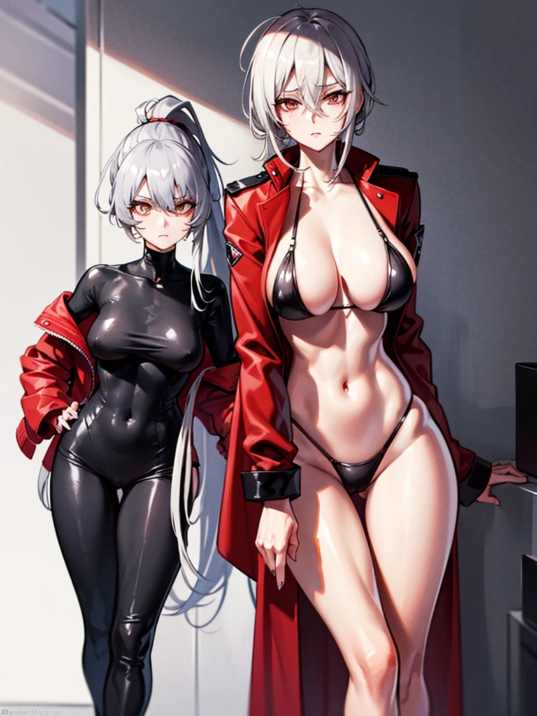 Tall, slim, She has long grey hair tied back in an enormous, messy ponytail that reaches down to her thighs, some of her hair is covering one of her eyes, she wears a red jacket over a black full-body suit, golden eyes