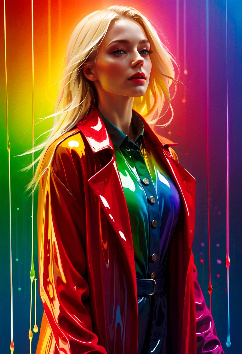 beautiful blonde woman, The wax coat melts and drips on the body ,Rainbow Colors, Bright Lights, Atmospheric lighting, Dreamy, magic,