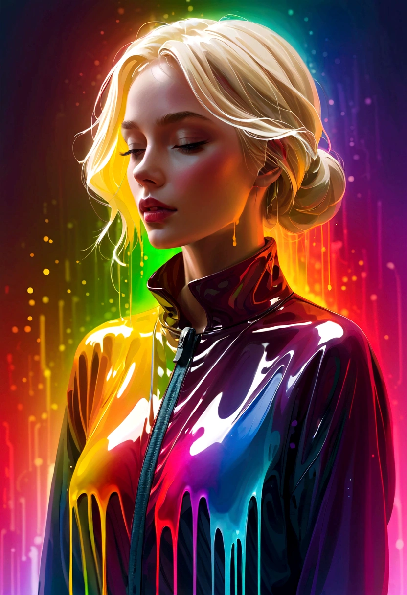 beautiful blonde woman, The wax coat melts and drips on the body ,Rainbow Colors, Bright Lights, Atmospheric lighting, Dreamy, magic, 