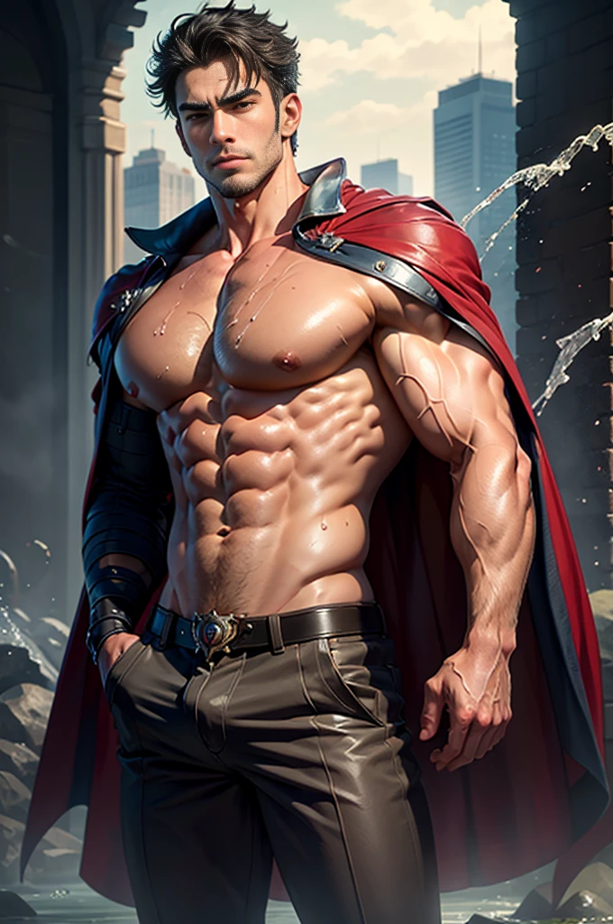 complex，masterpiece，best quality，Vivid colors，Ultra HD resolution，Shirtless，Wearing a cape，Naked upper body，For the audience，Oval face，Cold，brave，Sexy，Muscular，Crotch bulge、Expansion，Liquid gushing out of the crotch，Big nipples and milk spray，Put your hands in your trouser pockets，Soaked，Muscle Hero，Super buff and cool，Full of masculine charm and vitality，Handsome appearance，Unruly character，Sexy肌型，Exaggerated muscle，Realistic perfect body，Muscular身材，Medium shot of a young handsome muscular general