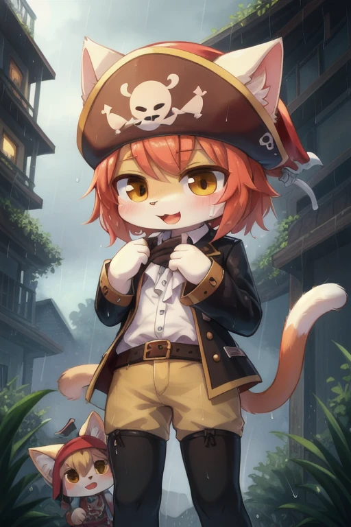 Two Cat, Chibi, pirate in the rain raining background