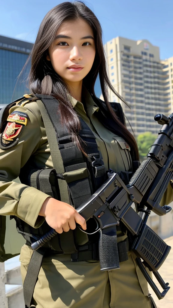 Masterpiece, beautiful 20 year old Indonesian woman in student uniform holding AK47 rifle, long hair, slim athletic body, detailed eyes, proud Indonesian female student, portrait of female student, female student portrait, beautiful female student, Indonesia, about a sniper girl in the war, holding a rifle AK47, holding a rifle, arms folded, portrait of a female city guard, standing in the middle of the city, portrait taken from below, portrait taken, by Arthur Sarkissian, face full of determination, with an AK47 rifle, with an AK47 rifle in hand, very high resolution .photorealistic: 1.4, UHD, beautiful city background,.