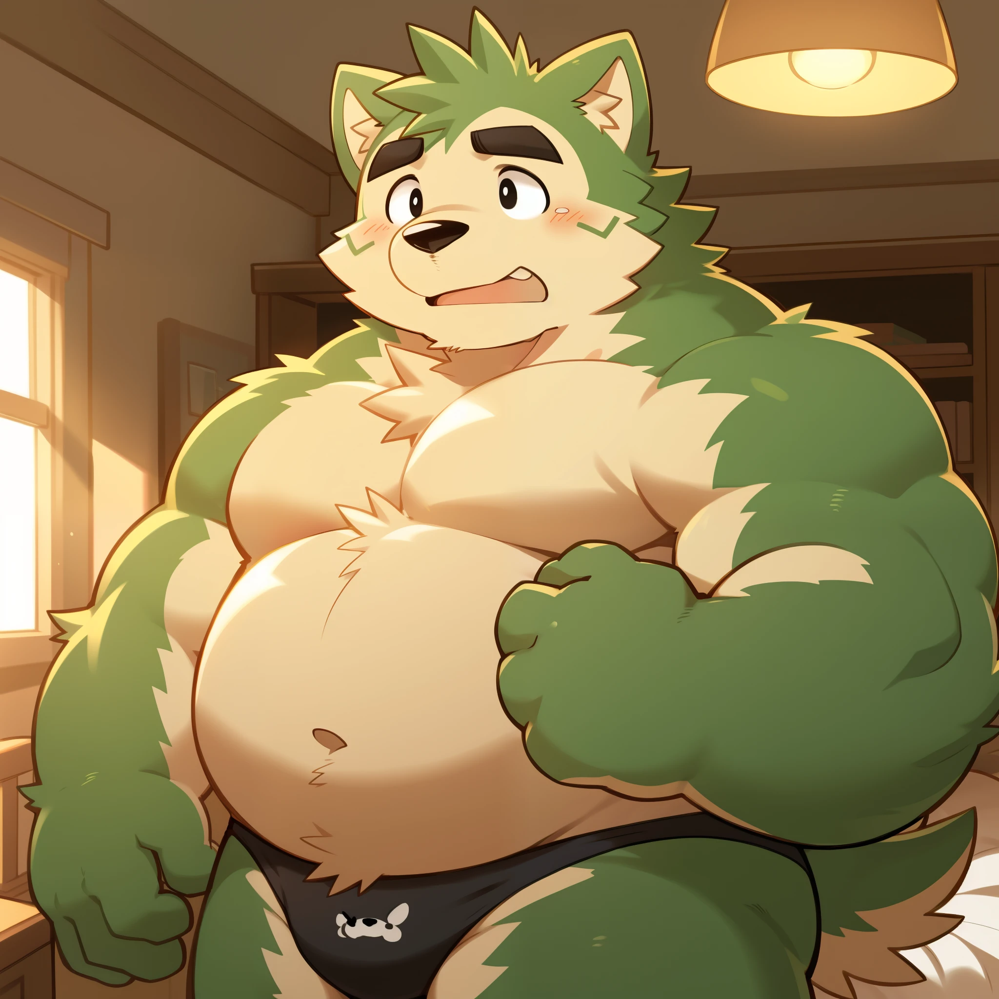 Scribble 绿色柴dog face,Cute face,Humanity(dog),(Topless:1.3),Chubby,(Black eyebrows:1.1),(Erotic panties),(Perfect black eyes),(artist:Takemoto Arashi),(Bulging buttocks),Bedroom scene,Green fur,Tears,Sad expression。
