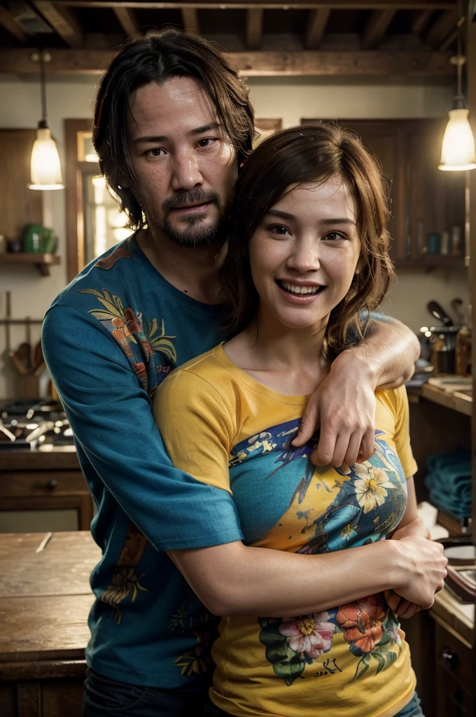 ((best quality)), ((masterpiece)), (detailed), perfect face, Couple, laughing, man and woman, Ellie de the Last of us 2 y Keanu Reeves, hugged, intense lighting, high level of detail, blue and yellow wool t-shirt with orange and white print 