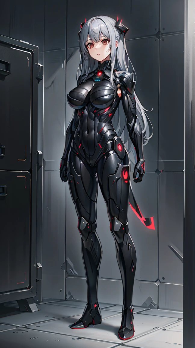 1 Girl,(overload),((Big Tits 1.5)),Silver Hair, Shining crimson eyes,Absurd, brainwashing,Hollow Eyes, Mind Control Devices,((Expressionless,Emotional erasure)), (Black Nano Suit) , Full body portrait,(standing in メカnical box:1.5), (Highest quality、4K、8K、High resolution、Must have:1.2)、Very detailed、(reality、reality的なです、reality的な:1.37)、Ticker、Hyper HD、Studio Lighting、Ultra High Definition Paint、Sharp focus、Physically Based Rendering、Extreme Detail、Professional specifications、Vibrancy and color、Blurred、Sports portrait、landscape、Horror Style、Anime Big Tits、sf、photograph、Concept Artist、Five Fingers, Perfect body, {{{masterpiece}}}, {{{Highest quality}}}, {{Very detailed}}, {shape}, {{Very delicate and beautiful}},Improved cost performance、All Roles、Canon 5D MK4でphotograph、photograph,