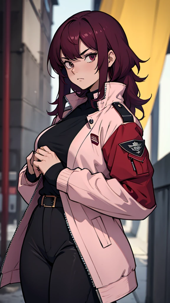 masterpiece, best quality, general uniform, solo, 1girl, busty, expressionless, looking at viewer, own hands together, burgundy colored hair, split-colored hair, dripjacket, black pants