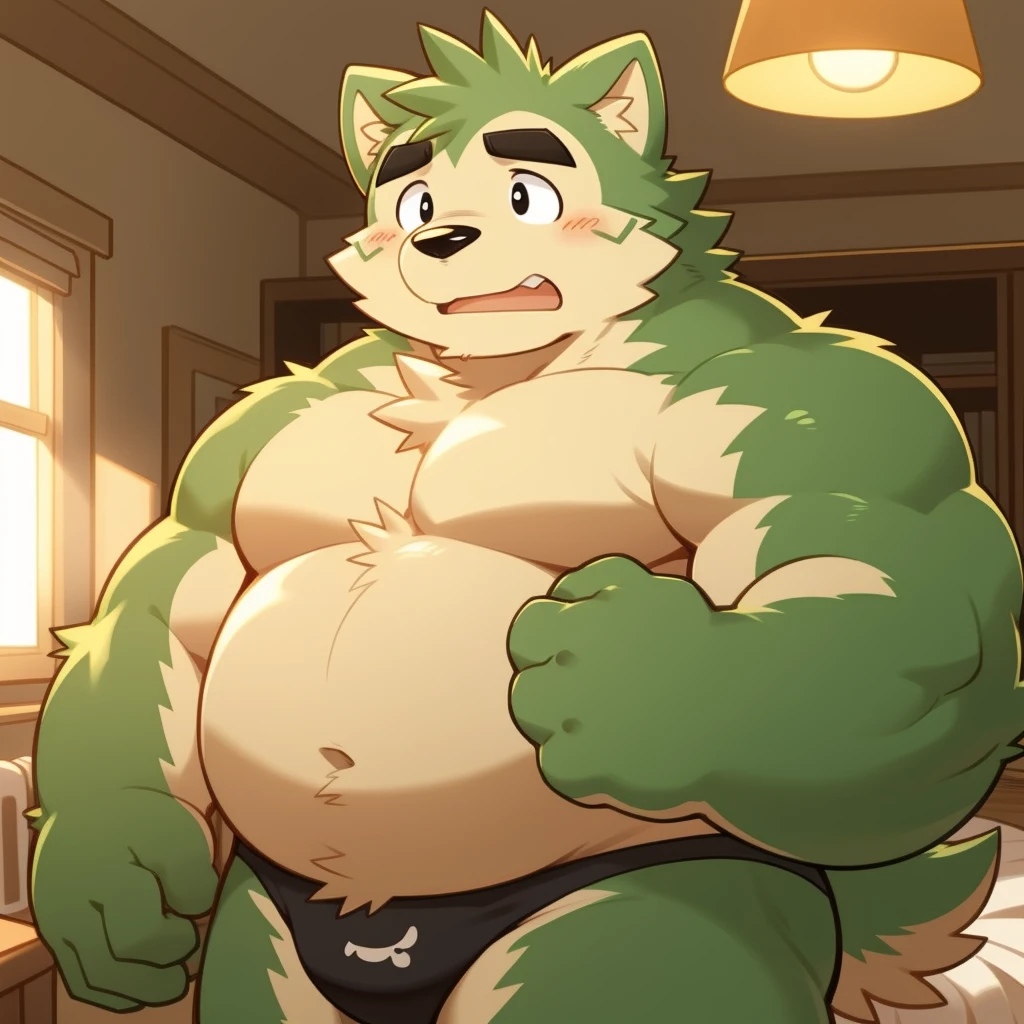 Scribble 绿色柴dog face,Cute face,Humanity(dog),(Topless:1.3),Chubby,(Black eyebrows:1.1),(Erotic panties),(Perfect black eyes),(artist:Takemoto Arashi),(Bulging buttocks),Bedroom scene,Green fur,Tears,Sad expression。