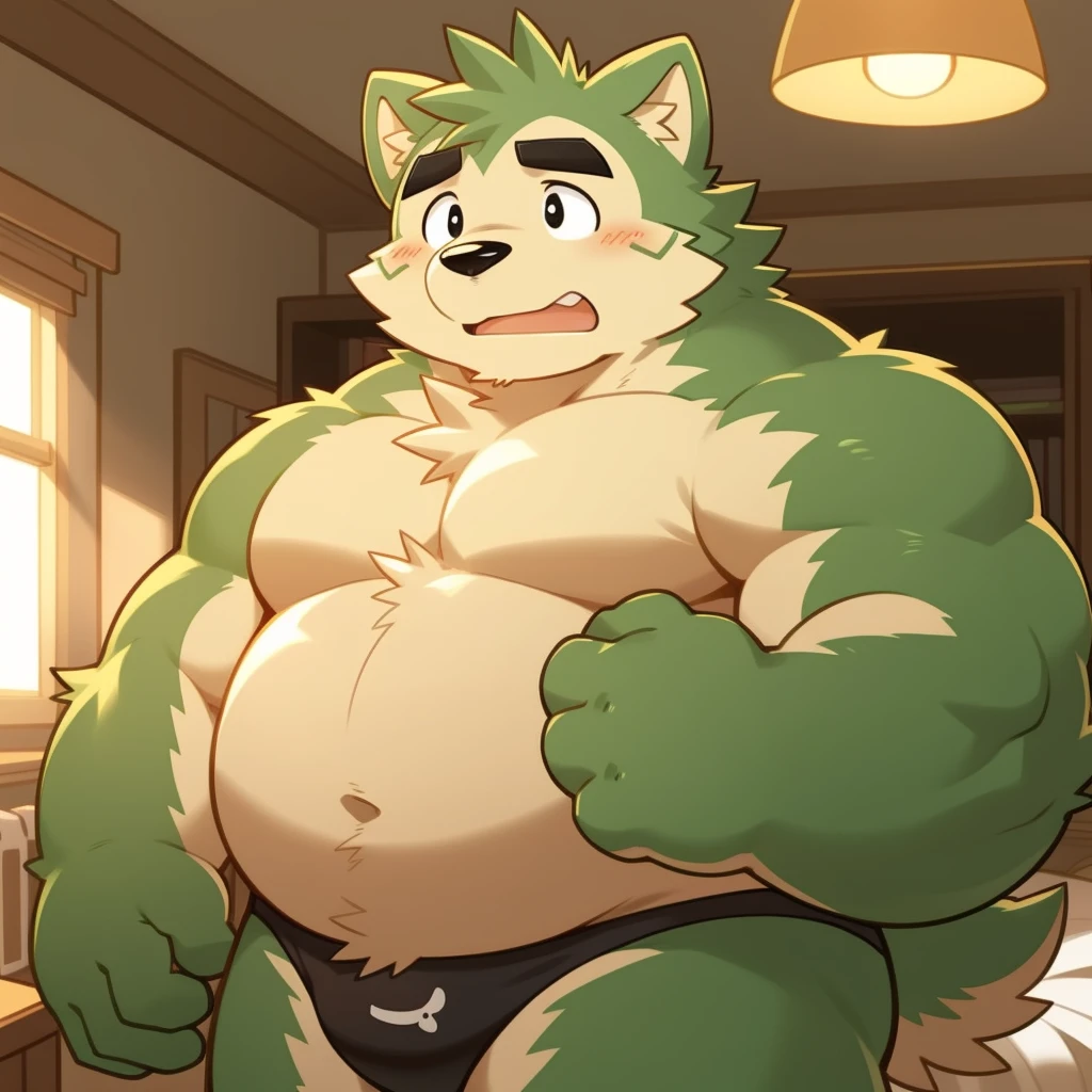 Scribble 绿色柴dog face,Cute face,Humanity(dog),(Topless:1.3),Chubby,(Black eyebrows:1.1),(Erotic panties),(Perfect black eyes),(artist:Takemoto Arashi),(Bulging buttocks),Bedroom scene,Green fur,Tears,Sad expression。