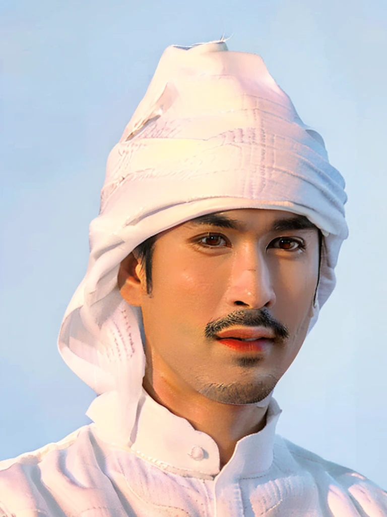 a young asian man, Nadech Kugimiya face, off-white traditional arabian thawb robe, white cloak, off-white shemagh turban, standing in the desert, looking up at the sky, solemn expression, extremely detailed beautiful eyes, beautiful detailed lips, extremely detailed facial features, long eyelashes, photorealistic, (best quality,8k,highres,masterpiece:1.2),ultra-detailed,(realistic,photorealistic,photo-realistic:1.37),dramatic cinematic lighting, vivid colors, HDR, physically-based rendering