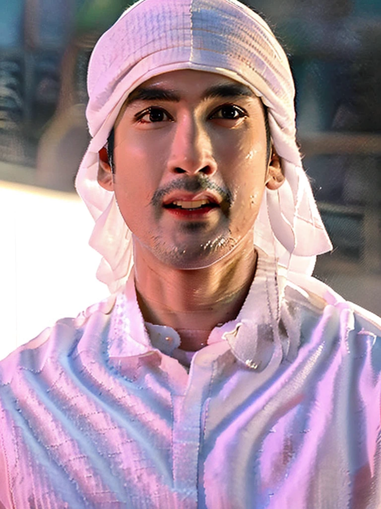 a young asian man, Nadech Kugimiya face, off-white traditional arabian thawb robe, white cloak, off-white shemagh turban, standing in the desert, looking up at the sky, solemn expression, extremely detailed beautiful eyes, beautiful detailed lips, extremely detailed facial features, long eyelashes, photorealistic, (best quality,8k,highres,masterpiece:1.2),ultra-detailed,(realistic,photorealistic,photo-realistic:1.37),dramatic cinematic lighting, vivid colors, HDR, physically-based rendering