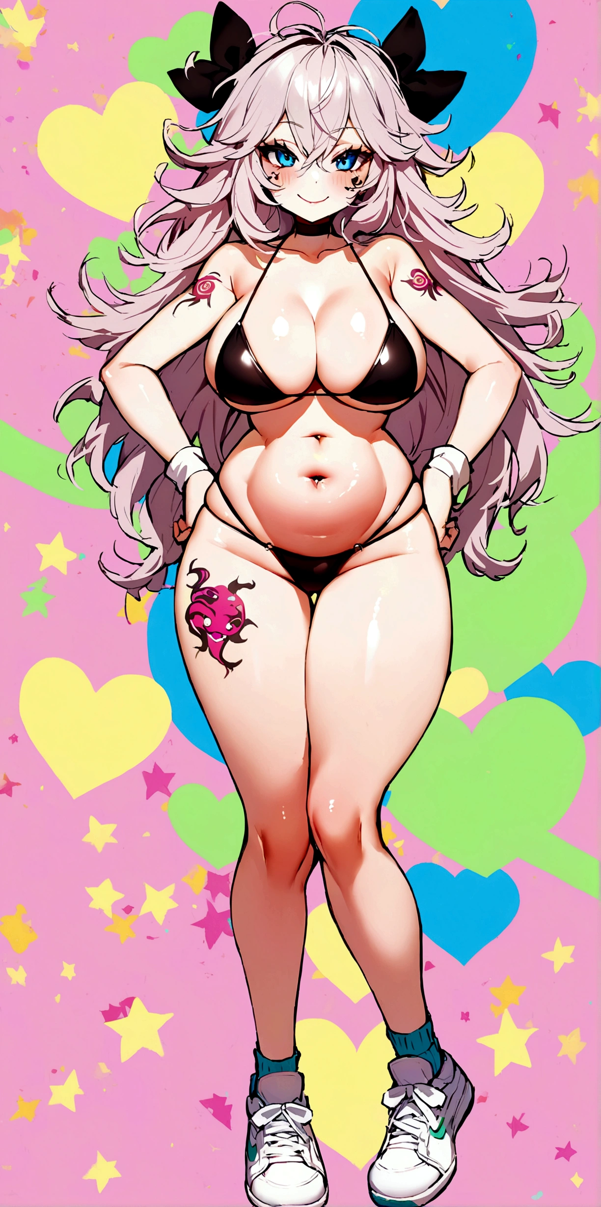 A girl in a black bikini, some white tennis shoes, straight and messy hair, piercing in your navel, a tattoo on her belly, pink smooth fur, mischievous smile, whole body, big buttocks and breasts, developed face