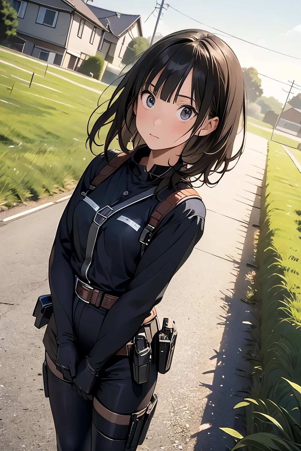 high quality, masterpiece, Ultra-high resolution, (realism: 1.4), Oil painting style, Cinema Lighting, An endless grassland dotted with a few houses, I stood on the empty asphalt road and looked at it., Fairy Mountain々was shrouded in mist, And the suspenders with the cranes flying　　　Moderate breasts　 　 　　　　Small face　 　　　holster　　　　　　　 Lying in bed　Looking up　　　　Sweat 　　　belt　summer　脇Sweat 　Black Hole Gloves　suit　shirt　　Black jacket　 Black trousers　Leg Links　ズボンにbelt　　holster　 　　Hands behind your back　 Anxious expression　Looking up　Anxious face