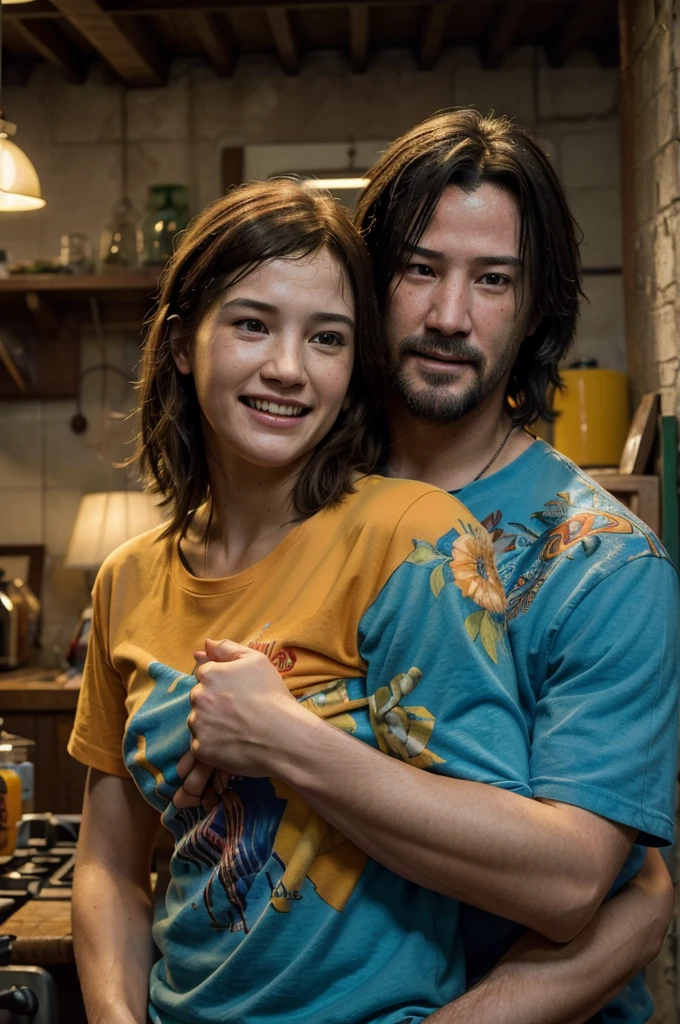 ((best quality)), ((masterpiece)), (detailed), perfect face, Couple, laughing, man and woman, Ellie de the Last of us 2 y Keanu Reeves, hugged, intense lighting, high level of detail, blue and yellow wool t-shirt with orange and white print