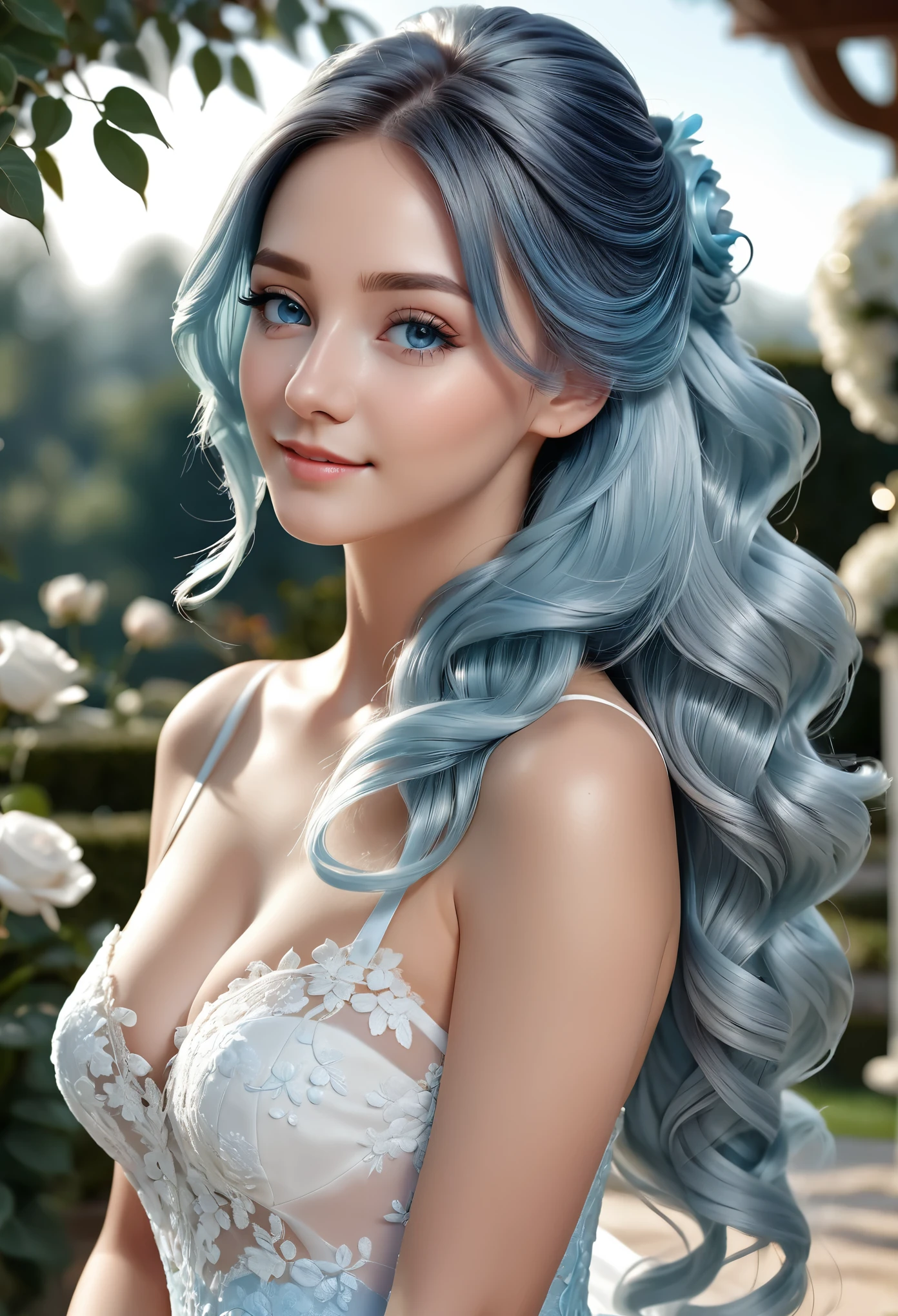 (masterpiece, best quality, beautiful and aesthetic:1.3), side view, look back, 1 lady, Happy, smirk, (sliver hair Gradient light blue hair:1.6), Absurdly long hair, half updo half up half down, wavy end, shiny hair, Flowing hair, (glowing blue eyes), Exquisite eyes, Aqua eyes, Super high detail eyes, long upper eyelashes, cosmetic, focus on face, Very rich facial details, Pretty Face, Perfect breasts, Hot body, (The skin texture is delicate:1.2), white Wedding dress, Lace-trimmed dress, transparent, Wedding dress, outdoor, White Rose, garden, morning, Everlasting, Very detailed, detailed background, Octane Render, shallow depth of field