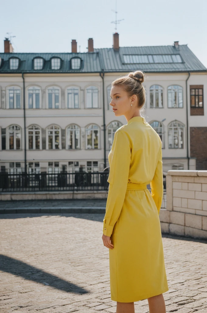her name is Annie, high quality, 1girl, ((20-year-old fit Caucasian woman)), ((20 years old)), ((fit)), ((hair in a bun)), pose: standing, wearing bright colored unique gen Z modern wear, BACKGROUND: Grew up in the scenic city of Stockholm, where the archipelago meets sophisticated urban design and rich history.