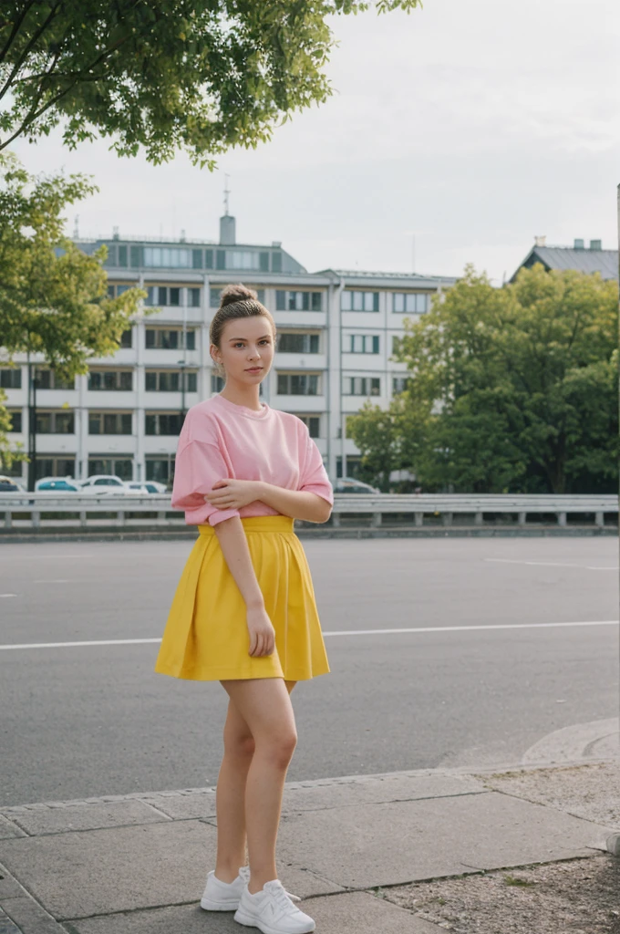 her name is Annie, high quality, 1girl, ((20-year-old fit Caucasian woman)), ((20 years old)), ((fit)), ((hair in a bun)), pose: standing, wearing bright colored unique gen Z modern wear, BACKGROUND: Grew up in the scenic city of Stockholm, where the archipelago meets sophisticated urban design and rich history.